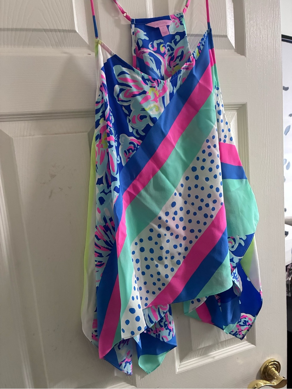 Blue & Pink Multi‑Print Handkerchief Hem top Lilly Pulitzer Alora size L